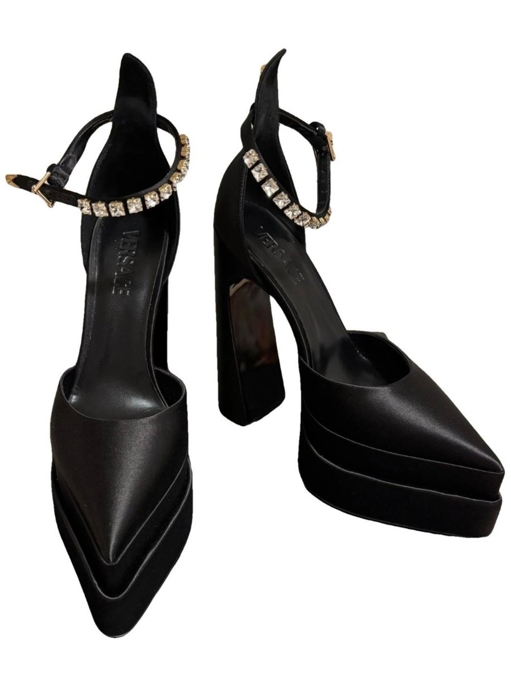 Versace Black Satin Crystal-Ankle Platform Pumps - Picture 1 of 7
